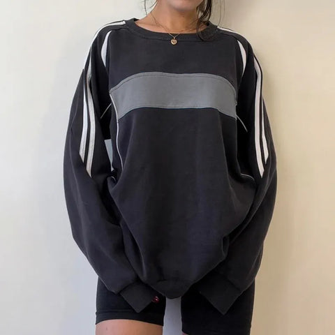 black-oversized-stripe-spliced-long-sleeves-top-2