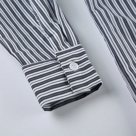 Grey Striped Long Sleeves Oversized Shirts