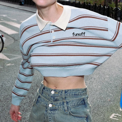 Grey Stripe Cropped Letter Pullover Sweater