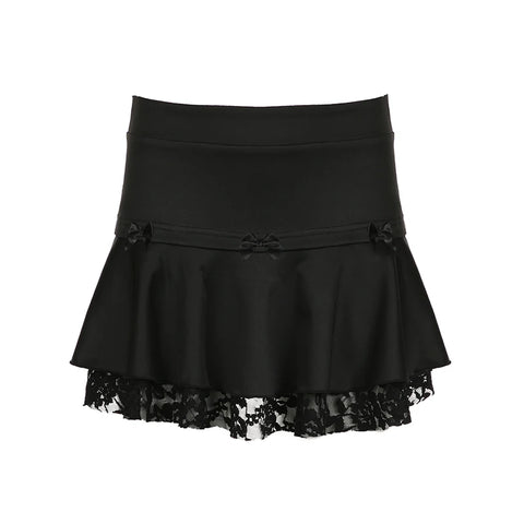 Gothic Black Lace Spliced A-Line Skirt--5