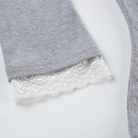 Grey Lace Patch Turn-Down Collar Top