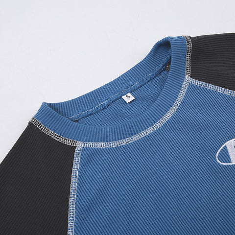 casual-blue-black-stitched-patchwork-short-sleeve-top-8