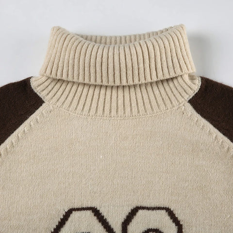 Brown Digital Pattern Turtleneck Pullover Sweater