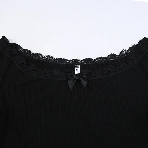 Black Lace Trim Knit Bow Off Shoulder Top