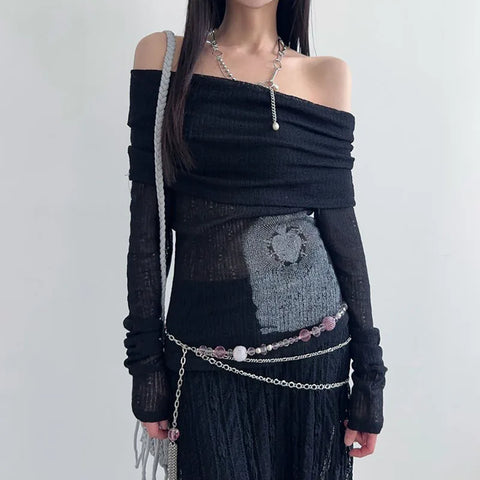 Printing Slash Neck Tierred Folds Slim Top