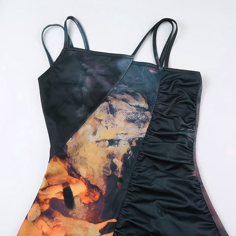 Retrol Printed Strap Halter Patchwork Dress