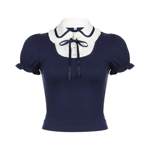 blue-patchwork-bow-ruched-short-sleeve-top-4