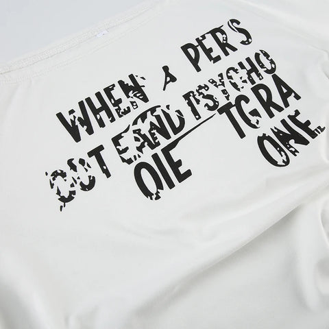 White Letter Print Skew Collar Knitted Top