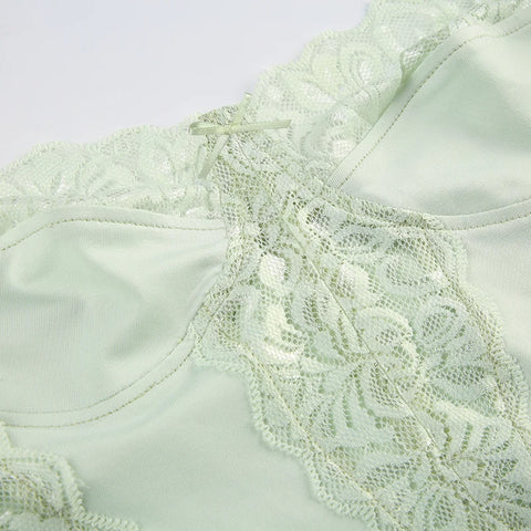 Light Green Strap Ruched Lace Patchwork Top