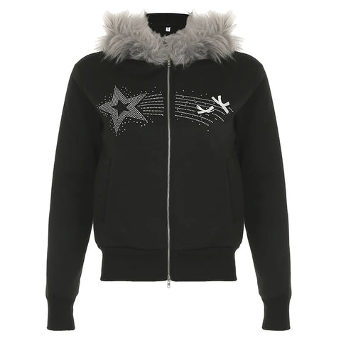 Gothic Star Rhinestone Zipper Up Coat