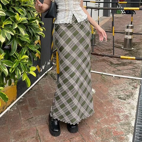 green-frill-low-waist-long-plaid-skirt-2
