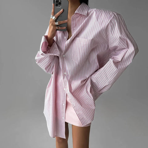 Grey Striped Long Sleeves Oversized Shirts