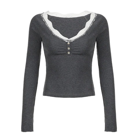 Grey Lace Trim Knitted V-Neck Top