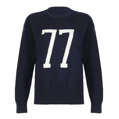 Casual Digital Print Dark Blue Sweater
