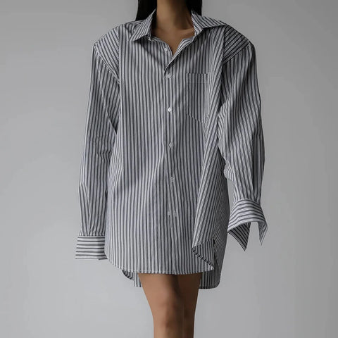 Grey Striped Long Sleeves Oversized Shirts