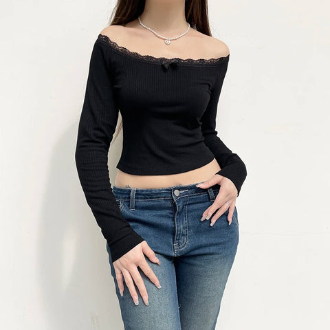 Black Lace Trim Knit Bow Off Shoulder Top