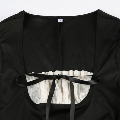 Black Ruffles Patchwork Tie-Up Mini Dress