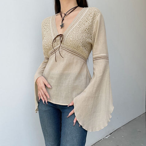 v-neck-fishnet-spliced-flare-sleeve-top-3