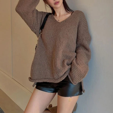 casual-brown-loose-ruched-pullover-knitted-top-5