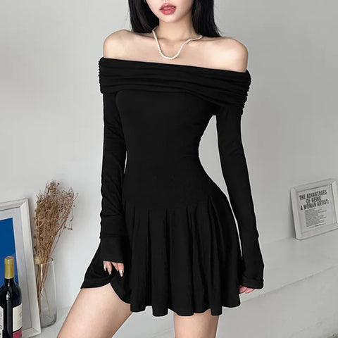 black-off-shoulder-long-sleeve-pleated-dress-2
