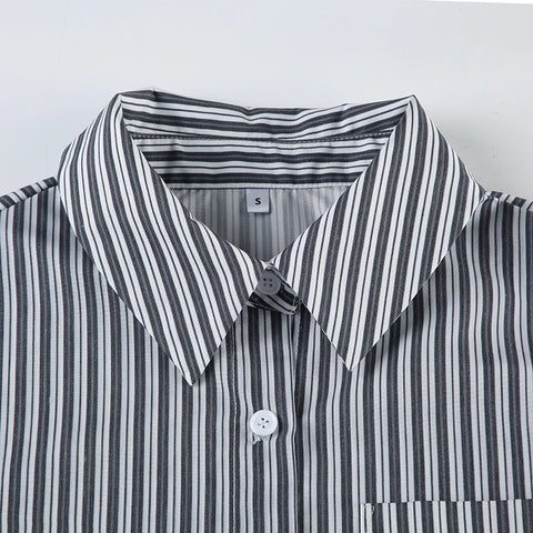 Grey Striped Long Sleeves Oversized Shirts