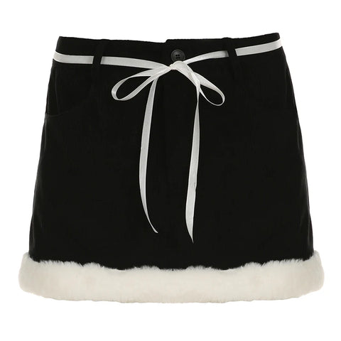 Cute Faux Fur Trim Lace-Up Mini Skirt