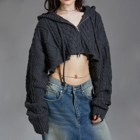 Twisted  Cropped Ripped Hooded Knit Coat