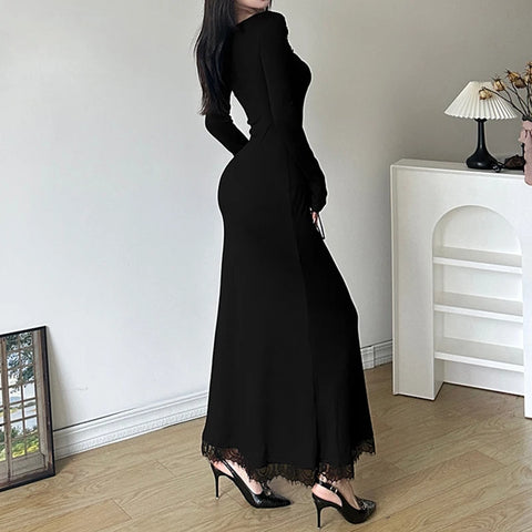 black-slim-lace-spliced-knit-long-dress-3