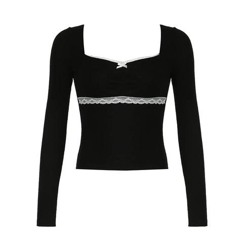 Cute Bow Lace Patchwork Square Neck Top