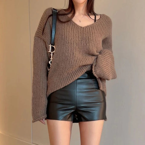 casual-brown-loose-ruched-pullover-knitted-top-3