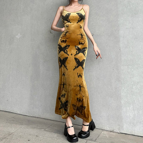 elegant-butterfly-printing-strap-velour-long-dress-3