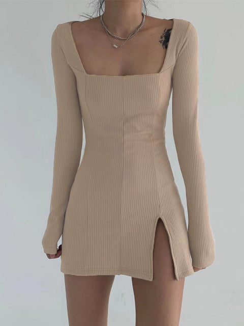 square-neck-ribbed-knitted-side-split-bodycon-long-sleeve-dress-1