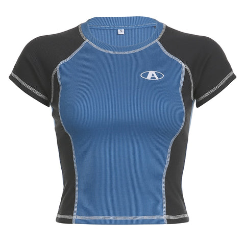 casual-blue-black-stitched-patchwork-short-sleeve-top-5