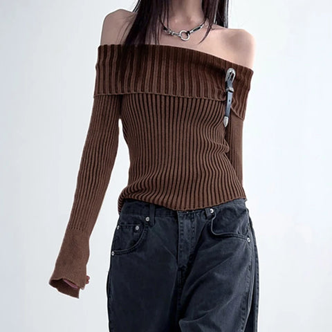 vintage-brown-stripe-buckle-off-shoulder-sweater-2