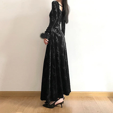 elegant-black-velour-faux-fur-jacquard-dress-3