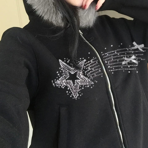 Gothic Star Rhinestone Zipper Up Coat