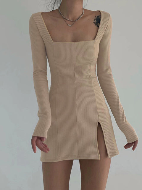 square-neck-ribbed-knitted-side-split-bodycon-long-sleeve-dress-2