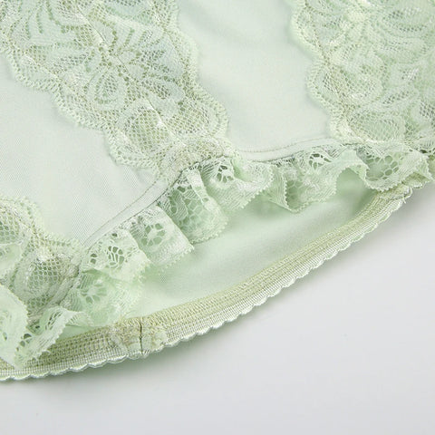 Light Green Strap Ruched Lace Patchwork Top