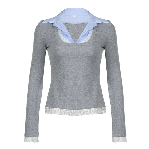 Grey Lace Patch Turn-Down Collar Top
