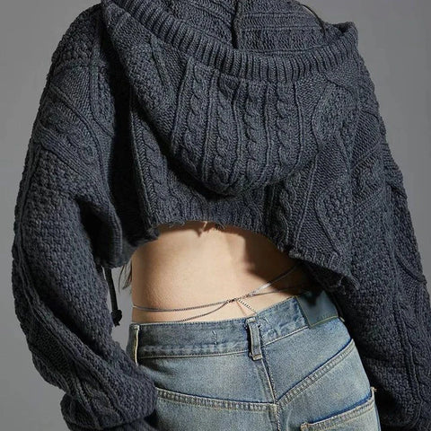 Twisted  Cropped Ripped Hooded Knit Coat