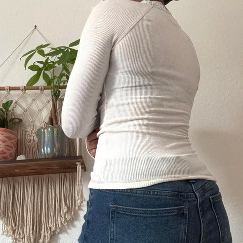 Grey Lace Trim Knitted V-Neck Top