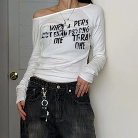 White Letter Print Skew Collar Knitted Top