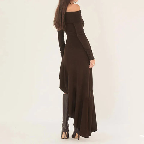 brown-ruffles-slash-neck-midi-dress-4