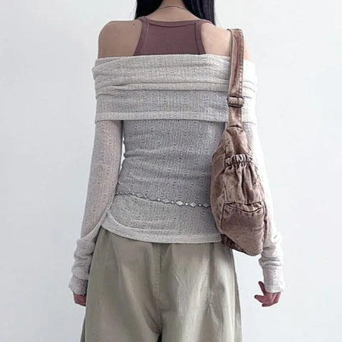 Printing Slash Neck Tierred Folds Slim Top