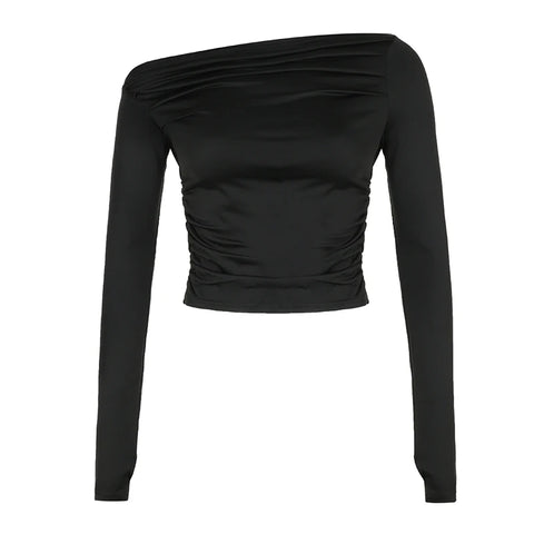 Black Skew Collar Long Sleeves Crop Top