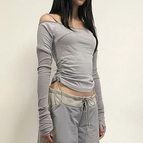 retro-skinny-drawstring-patchwork-off-shoulder-top-3