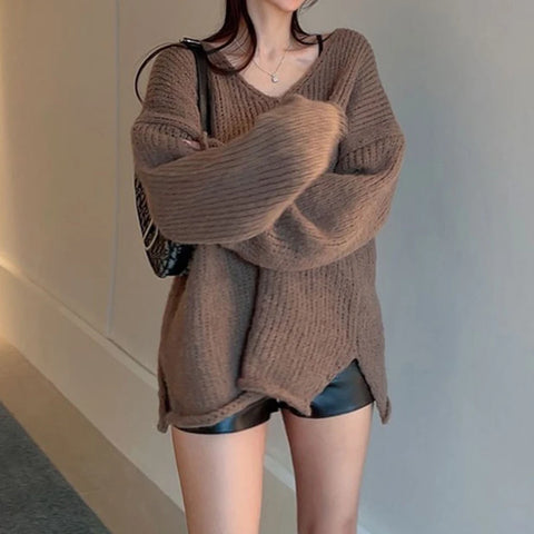 casual-brown-loose-ruched-pullover-knitted-top-4