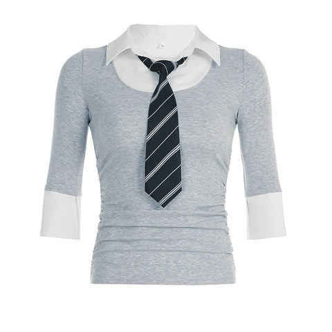 Grey Turn-Down Collar Two Piece  Color Top