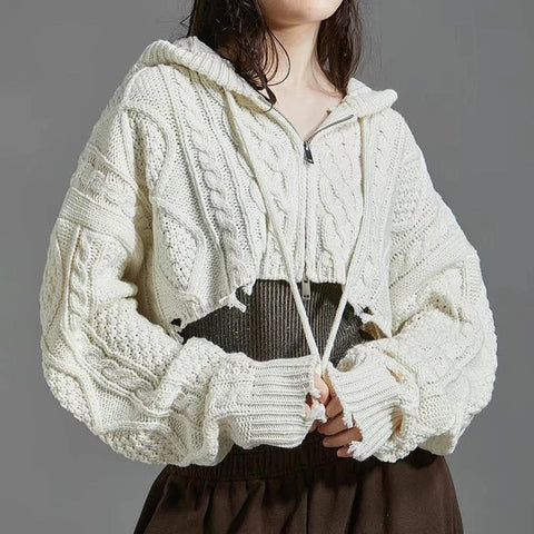 Twisted  Cropped Ripped Hooded Knit Coat