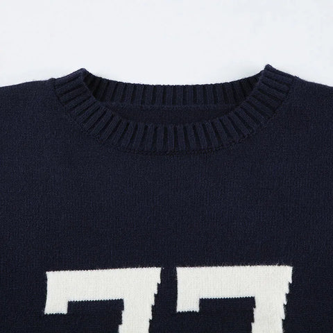 Casual Digital Print Dark Blue Sweater